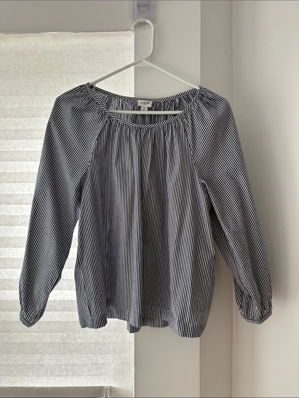 J. Crew Navy and White Striped Peasant Blouse, Medium